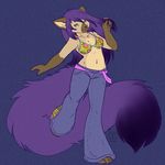  :p bellbottoms big_tail bikini_top female green_eyes hair hippie hush-a-bye navel_piercing piercing purple purple_hair purple_theme sash solo tongue tongue_out 