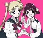  bishoujo_senshi_sailor_moon blonde_hair blue_eyes bow brooch color_connection crossover double_bun eyelashes holding_hands hoshizora_miyuki jewelry juuban_middle_school_uniform kyakya long_hair multiple_girls nanairogaoka_middle_school_uniform necktie pink_background pink_eyes pink_hair pink_neckwear precure purple_bow ribbon school_uniform short_hair short_twintails smile smile_precure! tsukino_usagi twintails 