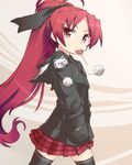  alternate_costume animal_hood bad_id bad_pixiv_id black_legwear bow candy casual cat_hood food hair_bow hands_in_pockets hood kogaku_kazuya lollipop long_hair mahou_shoujo_madoka_magica mouth_hold plaid plaid_skirt ponytail red_eyes red_hair sakura_kyouko skirt solo thighhighs walking zettai_ryouiki 