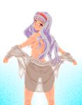  bare_back breasts clothes_down from_behind hairband idolmaster idolmaster_(classic) kesuida kneepits long_hair looking_at_viewer looking_back medium_breasts naked_shirt no_panties purple_eyes shijou_takane shirt sideboob silver_hair smile solo 