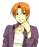  bad_id bad_pixiv_id black_eyes blush bracelet fate/zero fate_(series) itou_(itsuko) jacket jewelry male_focus orange_hair purple_jacket ring simple_background solo uryuu_ryuunosuke white_background 