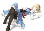 ;( alice_margatroid bangs black_legwear blonde_hair blue_eyes blue_skirt book capelet feet frills frown hairband legs lock looking_at_viewer lying on_back one_eye_closed open_mouth pantyhose rokuwata_tomoe sash short_hair simple_background skirt solo toes touhou white_background 
