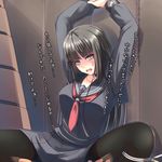  bdsm black_hair black_serafuku black_skirt bondage bound bound_legs bound_wrists chain cuffs long_hair neckerchief original pantyhose school_uniform serafuku shackles skirt solo spread_legs tears thighband_pantyhose torn_clothes torn_legwear translation_request yellow_eyes ygo 