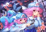  bad_id bad_pixiv_id banned_artist bug butterfly child flower hat insect ko-yuyuko moon mother_and_daughter multiple_girls night open_mouth pink_hair red_eyes saigyouji_yuyuko shin'en_(gyokuro_company) short_hair smile touhou triangular_headpiece 