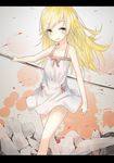  blonde_hair broken_ground dress grin highres kokorowatari la-na letterboxed long_hair monogatari_(series) nisemonogatari ootachi oshino_shinobu reverse_grip rock smile solo sword weapon yellow_eyes 