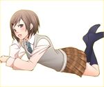  blush brown_hair danshi_koukousei_no_nichijou lying necktie on_stomach rikko_(jellyberry) ringo-chan_(danshi_koukousei) school_uniform short_hair skirt sweater_vest 