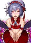  alternate_costume bare_shoulders blue_hair blush cupping_hands def_(chronowarld) frills hands hat midriff open_mouth red_eyes remilia_scarlet short_hair solo tongue touhou 