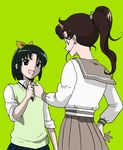  bishoujo_senshi_sailor_moon brown_hair color_connection crossover fist_bump green_background green_eyes green_hair hair_bobbles hair_ornament hand_on_hip kino_makoto kino_makoto's_school_uniform kyakya midorikawa_nao multiple_girls muted_color nanairogaoka_middle_school_uniform ponytail precure school_uniform sleeves_rolled_up smile smile_precure! sweater_vest trait_connection 