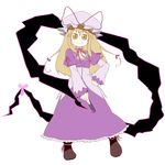  bad_id bad_pixiv_id blonde_hair bow choker dress fan folding_fan gap hair_bow hand_on_hip hat long_hair nanatsume ribbon simple_background smile solo touhou yakumo_yukari yellow_eyes 