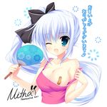  1girl absurdres areolae autographed bandaid blue_eyes breast_slip breasts cleavage covered_nipples erect_nipples fang hair_ribbon highres kusunoki_hibiki large_breasts long_hair mitha one_breast_out pasties ponytail ribbon translation_request white_hair yuyukana 