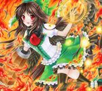  6kusa acrylic_paint_(medium) arm_cannon black_legwear black_wings blush bow brown_hair dress fire frills hair_bow long_hair open_mouth red_eyes reiuji_utsuho skirt solo thighhighs third_eye touhou traditional_media weapon wings zettai_ryouiki 