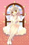  1girl absurdres angel_wings animal animal_on_head bird bracelet chick dress flyable_heart highres itou_noiji jewelry long_legs sitting solo star window wings wins yukishiro_suzuno 