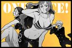  2girls bikini_top breasts cleavage copyright_name formal glasses hair_over_one_eye heart hips large_breasts legs long_hair looking_at_viewer monochrome multiple_girls nami_(one_piece) nanigashi_(xla009) navel necktie nico_robin o3o one_piece open_mouth orange_background pants sanji short_hair sideboob sitting skirt smile standing suit sunglasses tattoo tongue 
