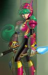  android armor beri_(agnes60) blue_eyes breasts energy_sword fishnets gem green_hair knife kunai large_breasts long_hair marino ninja pantyhose robot_ears rockman rockman_x rockman_x_command_mission smile solo sword weapon 