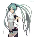  aqua_eyes bare_shoulders breasts green_hair hatsune_miku hatsune_miku_(append) highres lasterk light_smile looking_at_viewer navel outstretched_arm simple_background small_breasts solo standing twintails vocaloid vocaloid_append white_background 