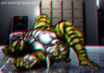  3d anaglyph balls blush bomb_(artist) censored condom cum disturbed_(artist) excessive_cum feline hi_res huge_muscles inviting lying male mammal moobs muscles nude penis solo stereogram sweat tiger 