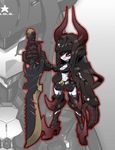  black_gold_saw black_rock_shooter claws crossover highres horns king_saw mecha mechanization medarot no_humans outline red_eyes robot_joints solo sword tonami_kanji weapon zoom_layer 