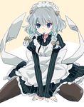  apron black_legwear blue_eyes braid dress hair_ribbon ica izayoi_sakuya maid maid_headdress mouth_hold pantyhose ribbon ribbon_in_mouth silver_hair sitting smile solo striped striped_dress touhou twin_braids v_arms 