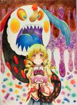  blonde_hair bow charlotte_(madoka_magica) drill_hair food hair_ornament highres holding long_hair mahou_shoujo_madoka_magica mami_mogu_mogu smile spoilers sweets teeth tomoe_mami tongue traditional_media twin_drills twintails watercolor_(medium) yellow_eyes yuyu_(00365676) 