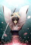  arms_up bad_id bad_pixiv_id black_hair brown_eyes japanese_clothes kara_no_kyoukai katana kimono obi petals ryougi_shiki sash short_hair solo sword weapon yomogi_komegura 