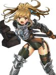  :d armor black_legwear blush brown_eyes brown_hair dragon_maker garter_straps gauntlets gloves greaves hair_ribbon leaning_forward long_hair looking_at_viewer matsui_hiroaki open_mouth ribbon simple_background smile solo thigh_strap thighhighs warhammer weapon white_background 