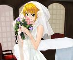  alternate_hairstyle blonde_hair bouquet dress flower green_eyes grin gulim hair_flower hair_ornament hair_up hoshii_miki idolmaster idolmaster_(classic) rose smile solo veil wedding_dress white_dress white_flower white_rose 