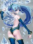  ass back bare_shoulders blue_eyes blue_hair blue_legwear blue_wings choker contrapposto detached_sleeves dragon_maker earrings from_behind ice ice_wings jewelry long_hair looking_back matsui_hiroaki ponytail solo standing symbol-shaped_pupils thighhighs very_long_hair wings 