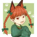  animal_ears bow braid cat_ears extra_ears fang hair_bow kaenbyou_rin kawashina_(momen_silicon) looking_at_viewer paw_print pointy_ears red_eyes red_hair smile solo touhou twin_braids upper_body 