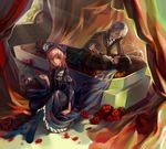  2boys absurdres akise_aru amano_yukiteru brown_hair closed_eyes death dress flower funeral funeral_dress gasai_yuno graveyard hat highres holding holding_flower holding_hand holding_hands l.green long_hair looking_at_viewer lying mirai_nikki multiple_boys on_back pink_hair red_eyes rose silver_hair skull 