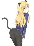  aiueo animal_ears ass blonde_hair cat_ears cat_tail crotch_seam from_behind glasses long_hair looking_back military military_uniform panties panties_under_pantyhose pantyhose perrine_h_clostermann simple_background solo strike_witches tail underwear uniform white_background world_witches_series yellow_eyes 