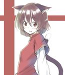  animal_ears blush brown_eyes brown_hair cat_ears cat_tail chen hiroya_juuren light_smile looking_at_viewer no_hat no_headwear short_hair simple_background solo tail touhou upper_body 