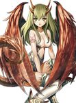  :o bare_shoulders between_legs boots breasts cleavage collarbone dragon_girl dragon_horns dragon_maker dragon_tail facial_mark green_eyes green_hair horns large_breasts long_hair looking_at_viewer matsui_hiroaki monster_girl open_mouth simple_background sitting solo tail tattoo thighhighs white_background white_legwear wings 