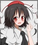  arm_up black_hair black_wings blush feathers hat hat_ribbon jewelry karamoneeze looking_at_viewer necklace open_mouth pom_pom_(clothes) red_eyes ribbon shameimaru_aya shameimaru_aya_(crow) shirt short_hair smile solo tokin_hat touhou when_you_see_it wings 