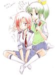  blush brush comb green_eyes green_hair green_neckwear hair_brush hair_down hair_ribbon highres hino_akane_(smile_precure!) kneehighs midorikawa_nao multiple_girls nanairogaoka_middle_school_uniform necktie one_eye_closed ponytail precure red_eyes red_hair ribbon sanpachishiki_(gyokusai-jima) school_uniform short_hair sitting skirt sleeves_rolled_up smile_precure! sweater_vest translation_request white_background wince 