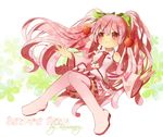  bad_id bad_pixiv_id boots character_name cherry detached_sleeves food fruit hatsune_miku kaminary long_hair necktie pink_eyes pink_footwear pink_hair sakura_miku sitting skirt smile solo thigh_boots thighhighs twintails very_long_hair vocaloid 