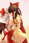  2girls ascot bad_id bad_pixiv_id bat_wings blue_hair bow brown_hair closed_eyes dated detached_sleeves hair_bow hair_tubes hakurei_reimu hat hat_ribbon kiss multiple_girls red_eyes remilia_scarlet ribbon shirt shocked_eyes short_hair skirt skirt_set surprise_kiss surprised touhou wings wrist_cuffs yuki_(popopo) yuri 