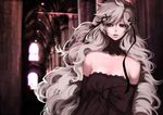  1girl architecture bare_shoulders big_hair black_dress camille_myriad_zentreza choker dress elbow_gloves gloves gothic gothic_architecture hair_ribbon lace lace-trimmed_dress lips long_hair messy_hair na_young_lee original red_eyes ribbon solo strapless_dress white_hair 