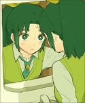  adjusting_hair amasawa bad_id bad_pixiv_id expressionless eyelashes faucet green_eyes green_hair green_neckwear hair_ornament midorikawa_nao mirror necktie ponytail precure smile_precure! solo sweater_vest 