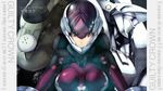  bodysuit breasts copyright_name end_card fukai_ryousuke guilty_crown helmet large_breasts mecha official_art pilot_suit purple_eyes shinomiya_ayase skin_tight solo 