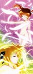  absurdres blonde_hair brown_hair closed_eyes fate_testarossa feathers highres long_image lyrical_nanoha mahou_shoujo_lyrical_nanoha mahou_shoujo_lyrical_nanoha_a's mahou_shoujo_lyrical_nanoha_the_movie_2nd_a's multiple_girls non-web_source nude nyantype official_art okuda_yasuhiro short_twintails stick_poster takamachi_nanoha tall_image twintails 