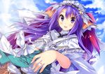  bracelet capelet cloud cloudy_sky day dress gloves hair_ornament hairclip headdress jewelry kuwashima_rein long_hair purple_eyes purple_hair ring rune_factory rune_factory_3 single_glove sky sofia_jalapeno_viviage solo white_gloves 