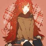 bad_id bad_pixiv_id blush character_name flaky happy_tree_friends heart lemontea long_hair orange_eyes personification red_background red_hair sitting skirt solo thighhighs v_arms very_long_hair wariza 