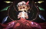  blonde_hair crazy_eyes crazy_smile darkness dress flandre_scarlet grasspainter hair_ribbon hat head_tilt red_dress red_eyes ribbon shirt side_ponytail skull solo touhou wings 