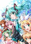  &gt;_&lt; 5girls aqua_eyes aqua_hair blonde_hair blue_eyes brown_eyes brown_hair closed_eyes detached_sleeves fingerless_gloves gloves green_eyes green_hair gumi hatsune_miku headphones highres kagamine_len kagamine_rin kaito long_hair looking_at_viewer maineko_ruru megurine_luka meiko multiple_boys multiple_girls musical_note necktie niconico one_eye_closed open_mouth pink_hair short_hair skirt smile takoluka television twintails vocaloid 