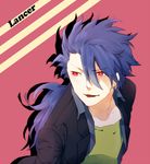  bad_id bad_pixiv_id blue_hair casual character_name cu_chulainn_(fate/prototype) earrings fate/prototype fate_(series) jewelry long_hair male_focus pietani397 ponytail red_eyes solo 