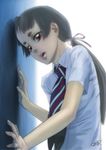  ao_no_exorcist bad_id bad_pixiv_id black_hair dated dress_shirt eyebrows hair_tie hands highres kamiki_izumo leaning lips long_hair looking_at_viewer necktie parted_lips ponytail red_eyes s-yuta school_uniform shirt short_eyebrows signature solo striped striped_neckwear 