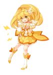  blonde_hair boots bow bowtie choker cure_peace double_v hair_flaps hair_ornament hairpin kise_yayoi long_hair magical_girl orange_choker orange_neckwear plus9 precure skirt smile smile_precure! solo v white_background wide_ponytail yellow yellow_bow yellow_eyes yellow_skirt 