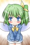  3: akou_roushi angry blue_eyes blush bottomless commentary daiyousei face fairy_wings frown green_hair hair_ribbon leaning_forward looking_at_viewer naked_sweater no_pants revision ribbed_sweater ribbon seiza short_hair side_ponytail sitting solo sweater tears touhou wings 