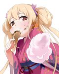  blonde_hair brown_eyes cotton_candy eating food food_on_face futaba_anzu idolmaster idolmaster_cinderella_girls japanese_clothes kimono long_hair looking_at_viewer nemeko outstretched_arm puffy_cheeks solo takoyaki twintails 