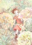  arrietty boots brown_hair dress flower hair_ornament hairclip highres karigurashi_no_arrietty minigirl muted_color ponytail rose shikaji_kashikai solo standing 